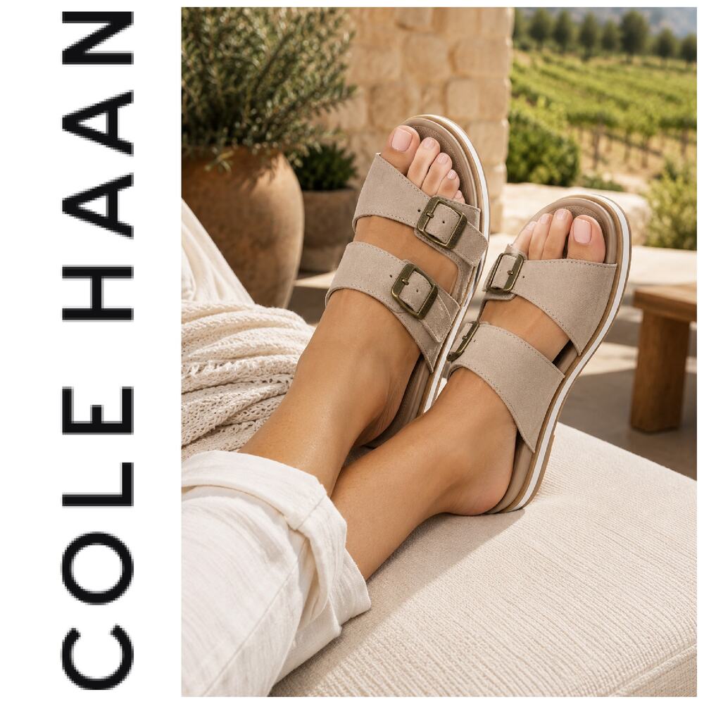 NEW Cole Haan Megan Grand 360 Sz 9 Beige Suede Double Buckle Slide Sandals NWOB
